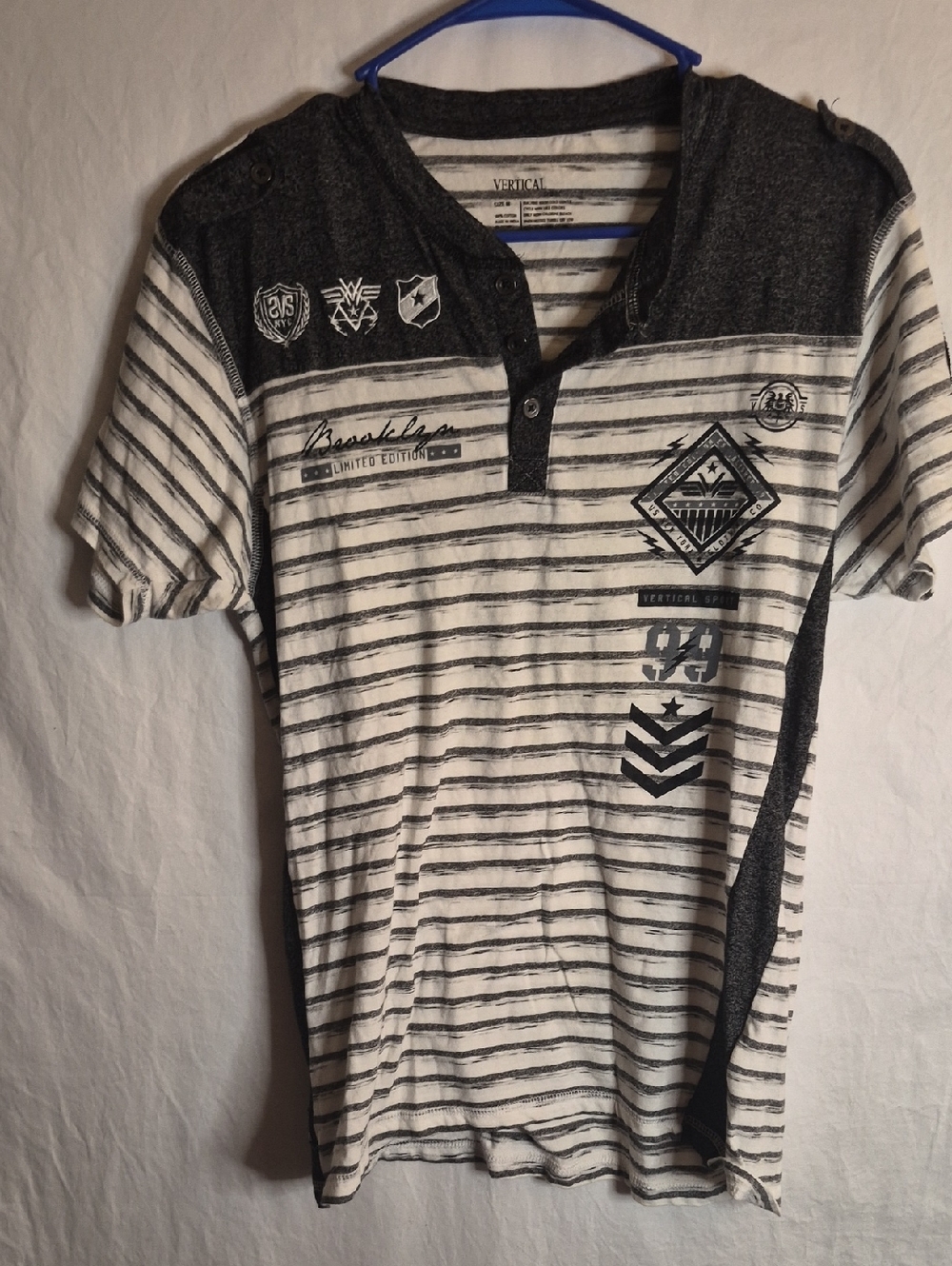 Striped Short Sleeve Henley Tee - White & Charcoal